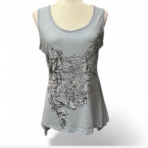 Light blue tropical print beaded tank with flared sides